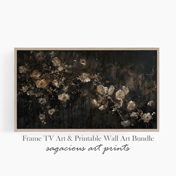 Dark Florals Samsung Frame TV Art | Southern Gothic Abstract Florals Black and Beige | Printable Moody Floral Art for Frame TV | Ref TV0151