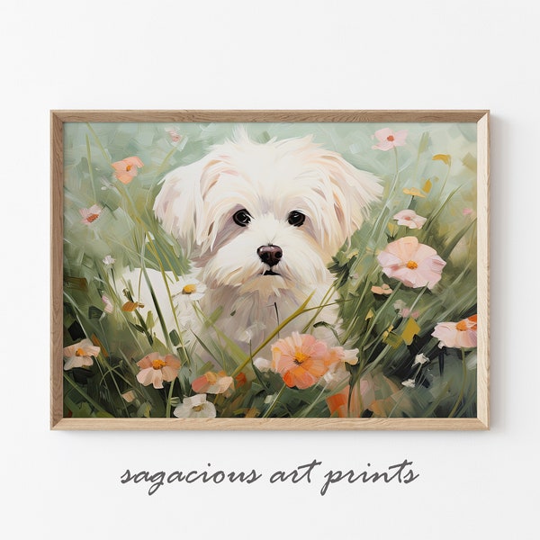 Cute Maltese Puppy Hidden Among Wildflowers | Cottagecore Printable Kids Room Decor and Nursery Wall Art | Spring Home Decor | Ref SP0218