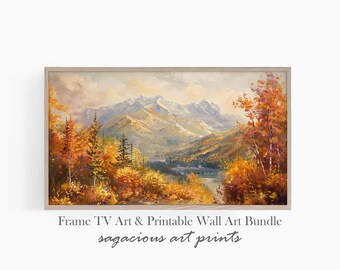 Mountain Landscape Autumn Painting Art for Frame Tv | Rustic Country Fall Foliage Samsung Frame Tv Wallpaper Instant Download | Ref TV0478