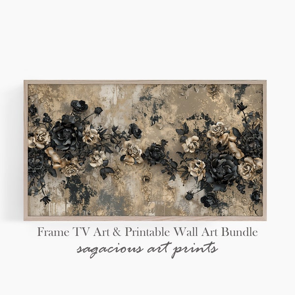 Dark Florals Samsung Frame TV Art | Abstract Florals Black and Beige Oil Painting | Printable Moody Floral Art for Frame TV | Ref TV0142