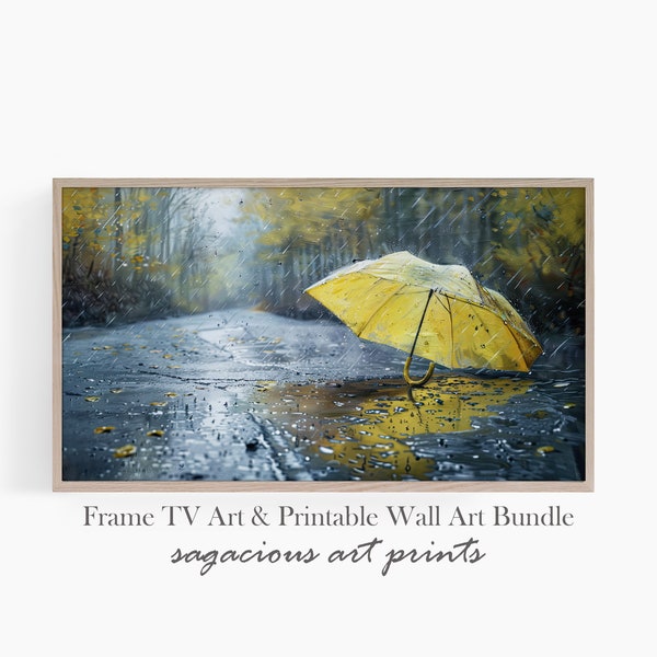 April Showers Samsung Frame TV Art | Rainy Day Yellow Umbrella Artwork Frame TV | Melancholic Moody Rain Art Digital Download | Ref TV0183