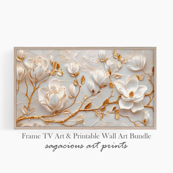 Frame Tv Spring Flower Art | 3d Magnolia Blossom Gold Abstract Floral Painting | Samsung Frame Tv Digital Printable Download | Ref TV0126