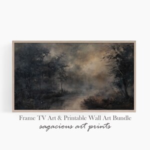 May include: A framed painting of a misty forest scene with a river winding through the trees. The painting is done in muted tones of gray, brown, and green. The frame is a simple, light wood.