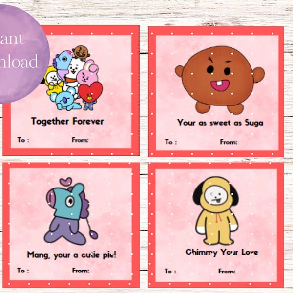 BT21 Valentines Day Note Cards - Digital Download Instant Printable BTS Bangtan Boys Army