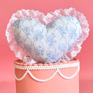 Heart Shape Pillow. Coquette Pillow. Cottage Core Pillow. Vintage Pillow. Floral Pillow. Bow Pillow. Girly. Feminine. Lana Del Rey. Blue Bow