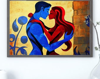 Arte abstracto de pareja, arte de pared sensual, impresión artística de besos, arte de almas gemelas, arte de pared masculino, arte sensual para el dormitorio, arte simbólico, arte generado por IA
