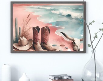 Coastal Cowgirl Art, Pink Beachy Wall Decor, Watercolor Cowgirl Print for Home or Gift, Digital Download Western Art, Dorm Room Essentials