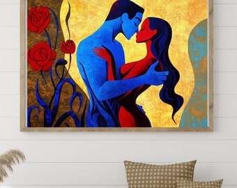 Arte de pareja abstracto sensual, impresión artística de besos, arte de pared romántico, decoración moderna simbólica, arte de pared masculino, arte generado por IA, arte de amor apasionado