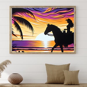 Beachy Western Wall Art, Cowgirl Sunset Digital Download, Tropical Coastal Decor, Bold Silhouette Print for Home or Gift, Coastal Cowgirl