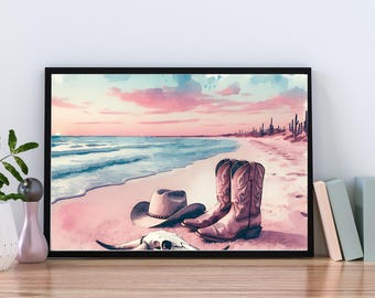 Coastal Cowgirl Art, Pink Beachy Wall Decor, Watercolor Cowgirl Print for Home or Gift, Digital Download Western Art, Dorm Room Essentials