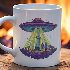 Psychedelic Mushroom UFO Mug , Mushroom Mugs, Hippie Mug, Alien Gift, UFO believer, Magic Mushrooms, Fungi Mug, Abduction, Aliens11oz