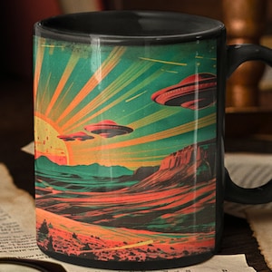 Psychedelic Alien Mug, Alien Mug, UFO lover, Aliens, Flying Saucers, Trippy, 70s mug, outer space, UFOs, Cryptids