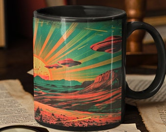 Psychedelic Alien Mug, Alien Mug, UFO lover, Aliens, Flying Saucers, Trippy, 70s mug, outer space, UFOs, Cryptids