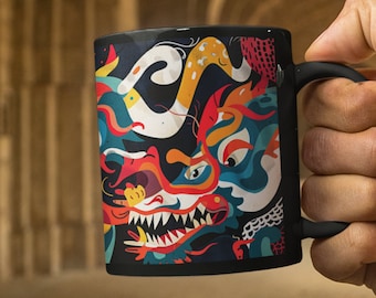 Abstract Chinese Dragon Mug, Dragon art mug, mythological mug, cryptids, abstract art mug, year of the dragon, fantastical creatures, 11oz