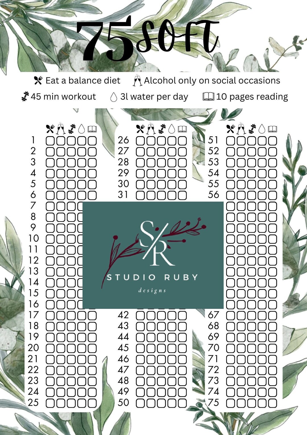 75 Soft Challenge Tracker Printable Eucalyptus - Etsy