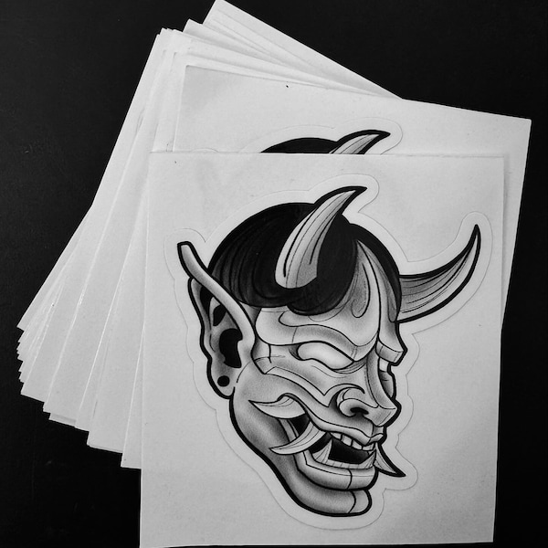 Oni mask sticker hannya devil for hard hats helmets vinyl window car - Decals - Tattoo style - Graffiti Blue Collar sticker