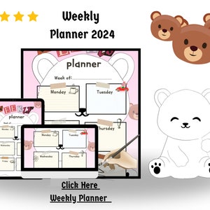 Puede incluir: Un planificador semanal rosa y blanco con una ilustración de un oso. El planificador tiene secciones para cada día de la semana, con espacio para escribir tareas y notas. El planificador está disponible para descargar.