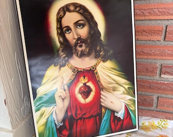 Vintage Jesus Wall Art, Art Print attached to wooden frame / canvas, Printed in Mexico