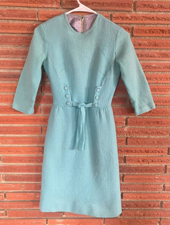 Vintage Robins egg Blue 1960's tie front dress, r… - image 2