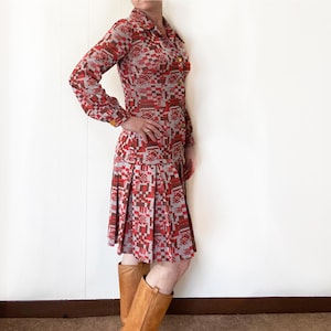 Vintage 1970’s Dress, Red, Maroon, Grey, Retro Dress, Mint Condition, Rare Find