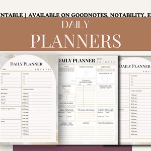 Puede incluir: Tres páginas de planificador diario imprimibles con fondo de mármol y detalles dorados. Cada página tiene secciones para objetivos, citas, listas de tareas, seguimiento de comidas y más.