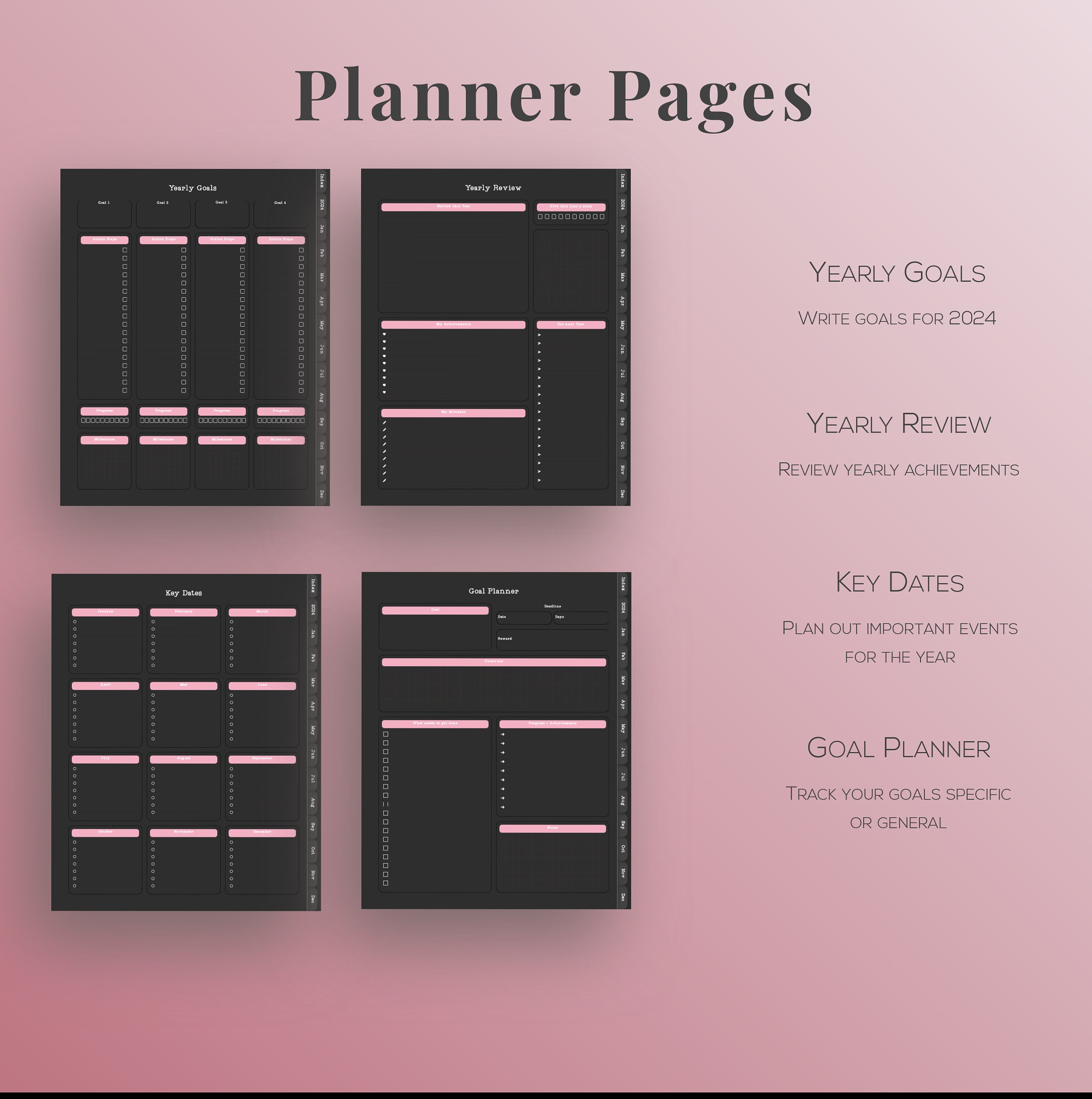 Think Ink Planner Black & Pink Digital Planner 2024 Goodnotes Planner Daily Planner ...
