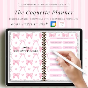 Pink Coquette bow Digitaler Planer 2025 für GoodNotes & Notability, Pinker digitaler Planer Querformat, datiertes digitales Journal