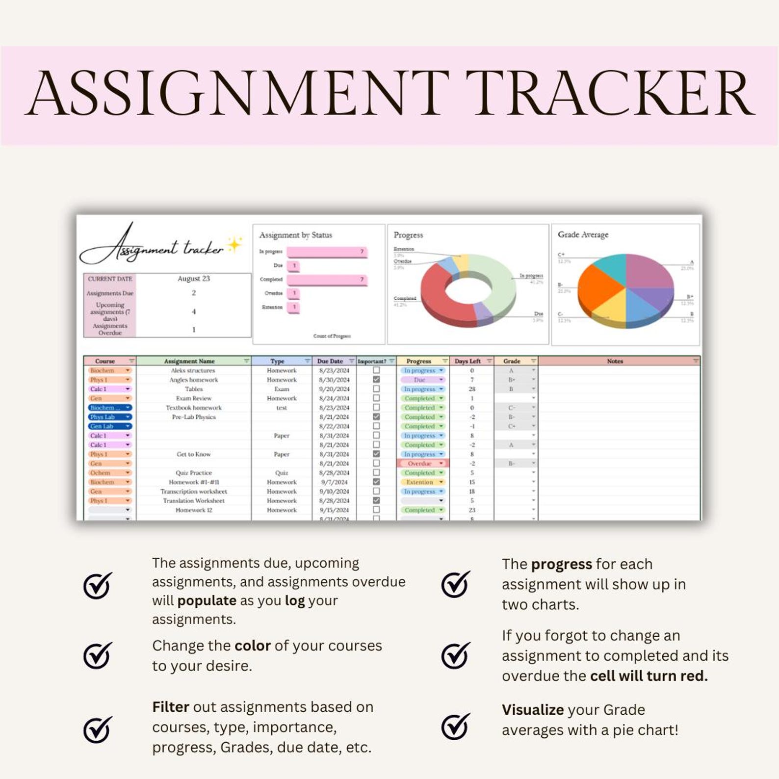 Semester Assignment Tracker Student Planner for Google Sheets Student ...