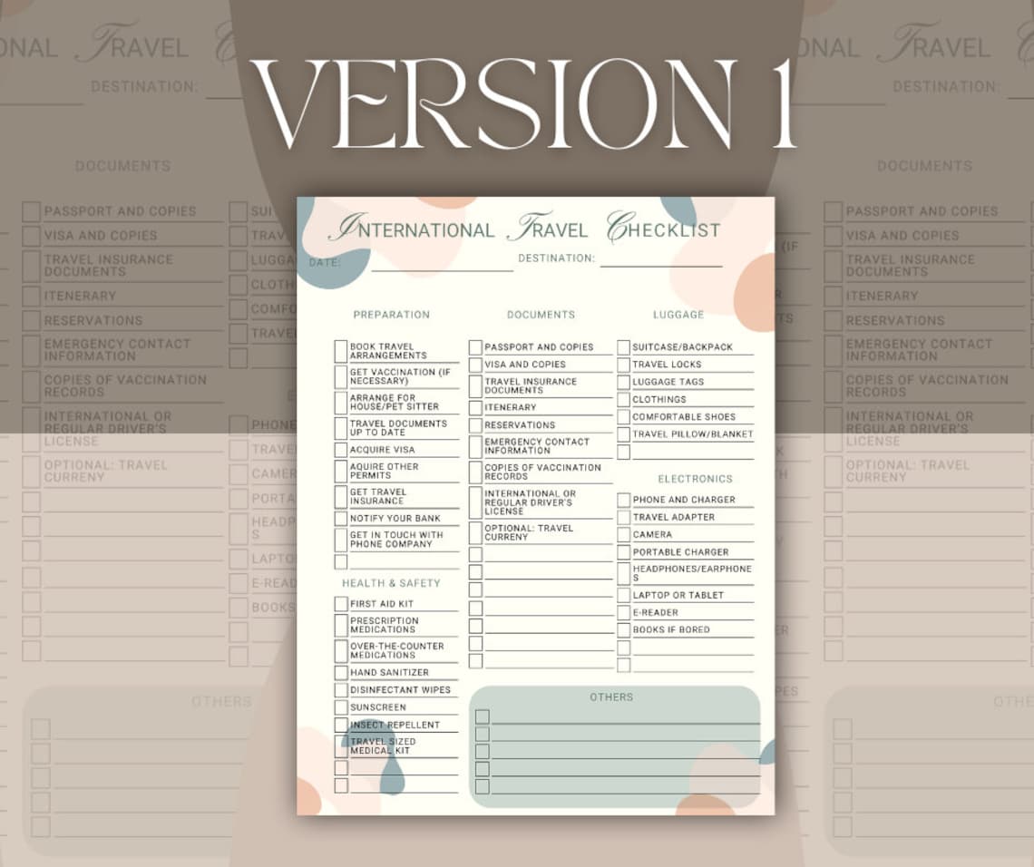 Printable Travel Packing List International Travel Checklist Travel Checklist Preparation ...