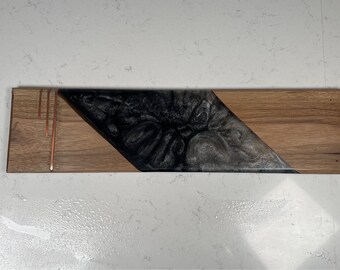 Copper Inlayed Walnut Epoxy Charcuterie Board, Handcrafted Black White Serving Platter, Copper Decor Touch