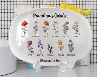 Geburtsmonat Blumenteller mit Nachnamen - Muttertagsgeschenk - Omas Gartenteller - Mit Enkels Namen - Geschenk für Oma - Mimi Dekor