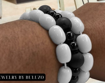 Afro- White and Black beaded Bangles