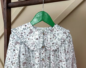 Handmade flowered girls cotton shirt, vintage style girls blouse