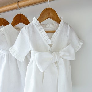 Linen baptism girl dress, flower girl dress, white girl dress, white linen dress