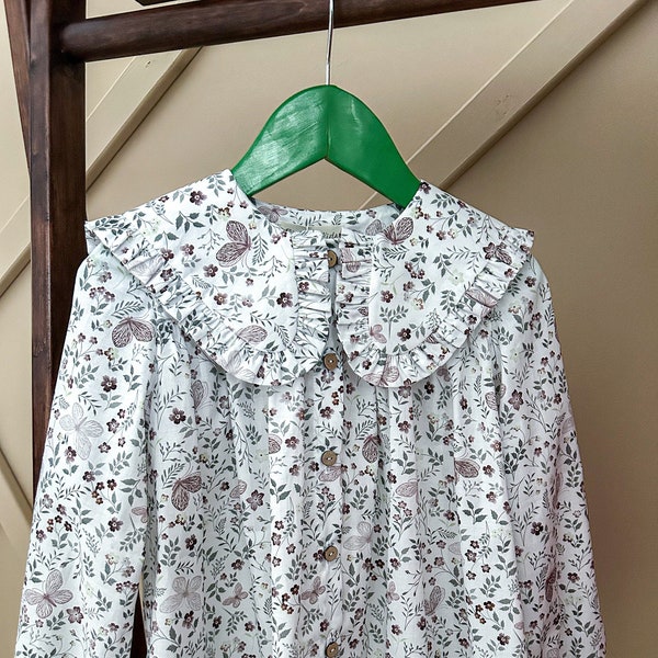 Handgemachte geblümte Mädchen Baumwolle Shirt, Vintage-Stil Mädchen Bluse