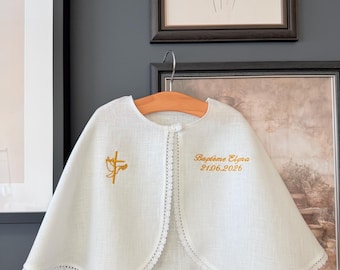 Capa de bautismo de lino personalizada, chal de bautismo con ángel bordado, regalo personalizado para ahijado/a con nombre.