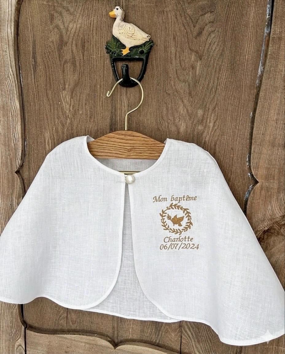 Personalised Linen Baptism Cape, Embroidered Cross Christening Shawl, Custom Name Godchild Gift