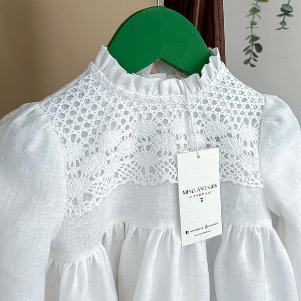 White linen Christening girls dress, baptism dress, flower girl dress