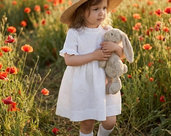 White Linen Dress for Girls | Flower Girl & Baptism Gown | Heirloom Toddler Dress | Natural Linen Baby Dress | Special Occasion Outfit