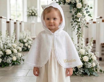 Capa de bautismo de lino personalizada con capucha, chal de bautismo blanco para bebé niño o niña, regalo personalizado para ahijado/a con nombre.