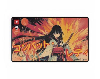 May include: A rectangular playmat featuring an anime-style character with long black hair holding a katana. The background displays orange and red abstract brushstrokes, paper lanterns, and Japanese text. A small skull icon and the text COMBAT MATS appear.
