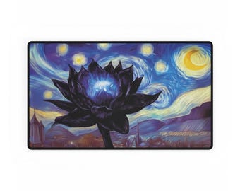 May include: A rectangular desk mat featuring a stylized black lotus flower with a glowing center, set against a swirling night sky reminiscent of Van Gogh's "Starry Night." The background includes a crescent moon, stars, and a cityscape.