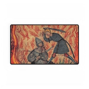 May include: A rectangular mousepad featuring a medieval illustration of two figures engaged in combat with swords. The background depicts flames, with the figures clad in historical attire. The color palette includes shades of brown, red, and gray.