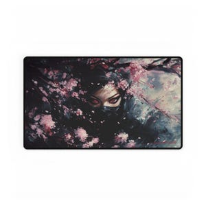 May include: A black and white illustration of a woman with red eyes, partially obscured by a black veil and pink flowers. The background is a dark blue and gray watercolor wash.
