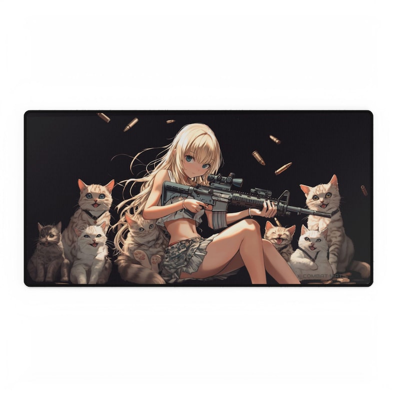 Cute Waifu Anime Girl with Gun and Cats TCG mtg Playmat Mousepad Deskmat image 1