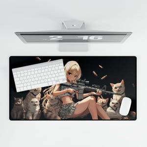 Cute Waifu Anime Girl with Gun and Cats TCG mtg Playmat Mousepad Deskmat image 5
