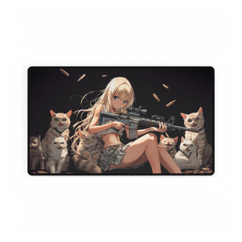 Cute Waifu Anime Girl with Gun and Cats TCG mtg Playmat Mousepad Deskmat image 2