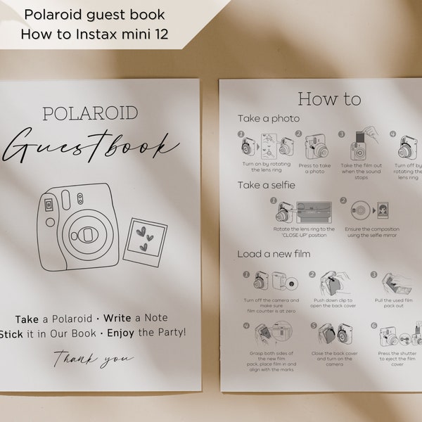 Livre d'or Polaroid, instax mini 12, livre d'or photo, livre d'or pour appareil photo, instructions instax, mode d'emploi instax, polaroid mariage