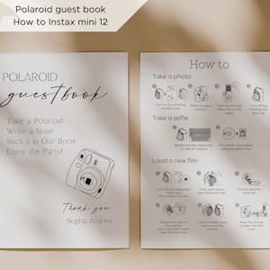 以下が含まれることがあります： Instax mini 12 カメラの使い方を説明した印刷可能なガイド。ガイドには、写真、自撮り、新しいフィルムの装填方法が記載されています。ガイドには、ポラロイドのゲストブックのセクションも含まれており、ポラロイド写真の撮影方法、メモの書き方、本の貼り付け方が記載されています。ガイドは、Instax mini 12 カメラの白黒イラストで飾られています。