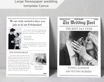 Große Zeitung Hochzeitsprogramm, Canva Hochzeit Zeitung Vorlage, Gefaltete Zeitung Hochzeit Programm Vorlage, druckbare Hochzeitsprogramme